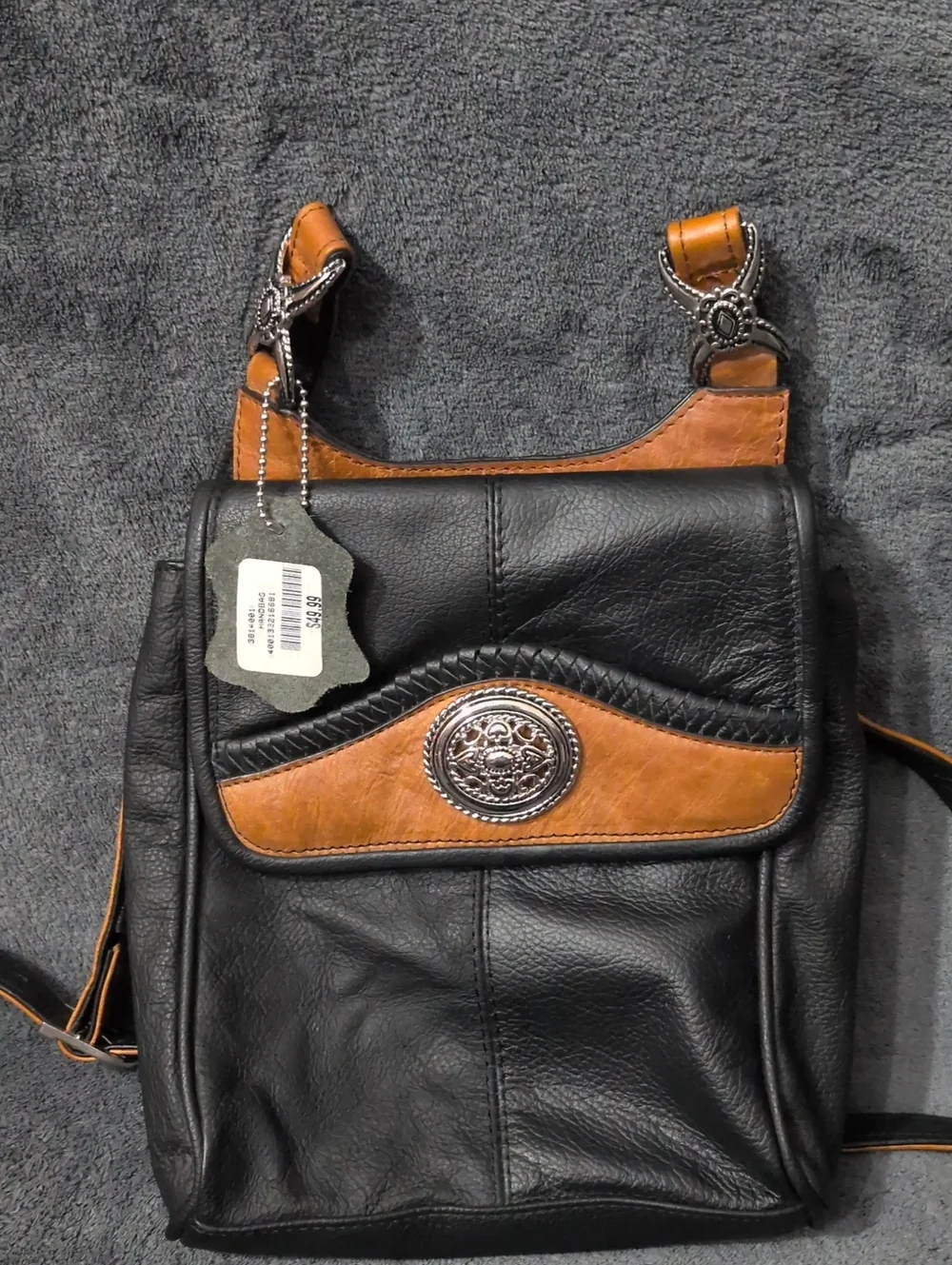 Black and Tan Leather Crossbody Bag with Concho Accent